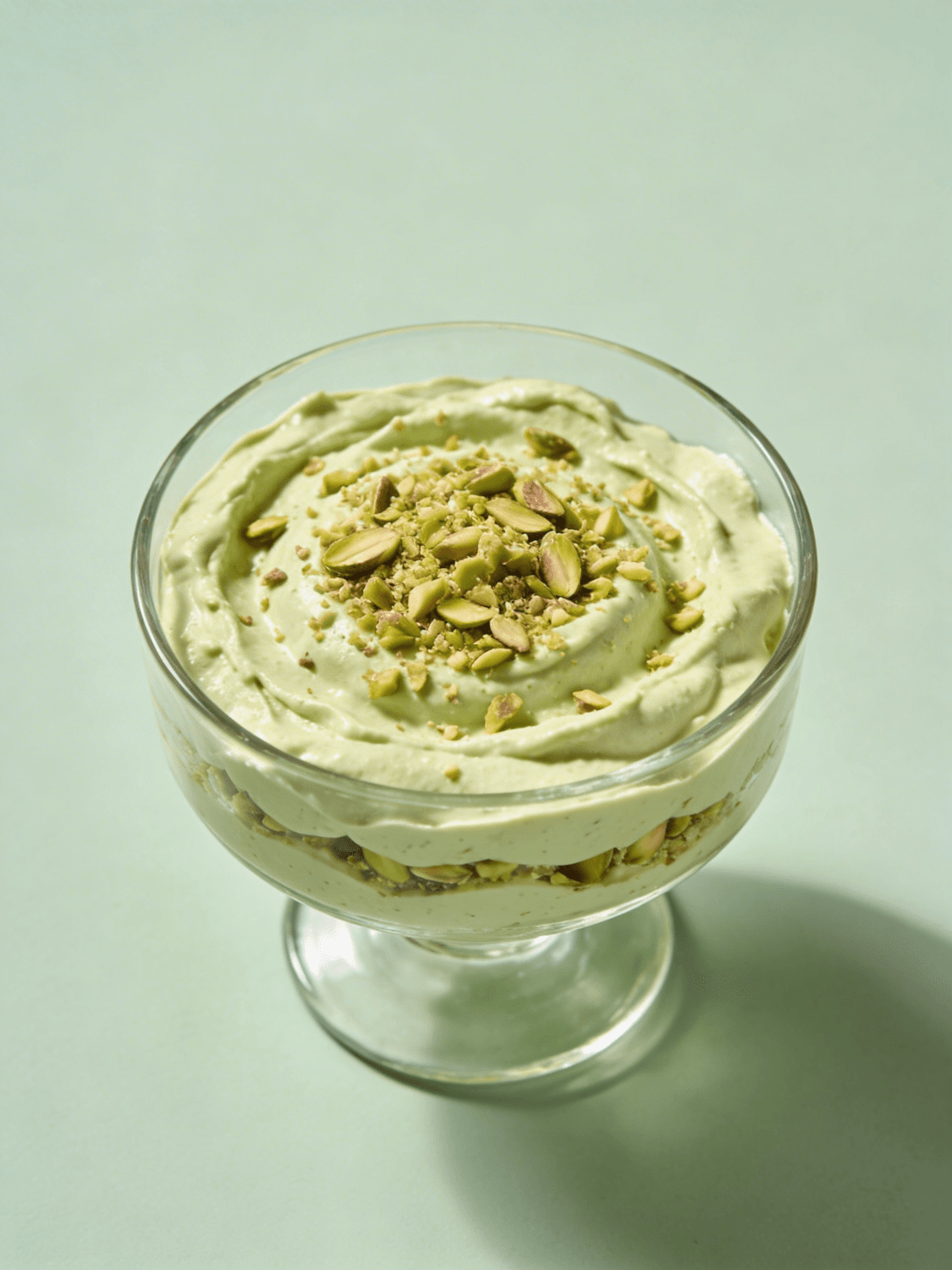 A glass dish of pale green pistachio cream topped with roughly chopped pistachios.