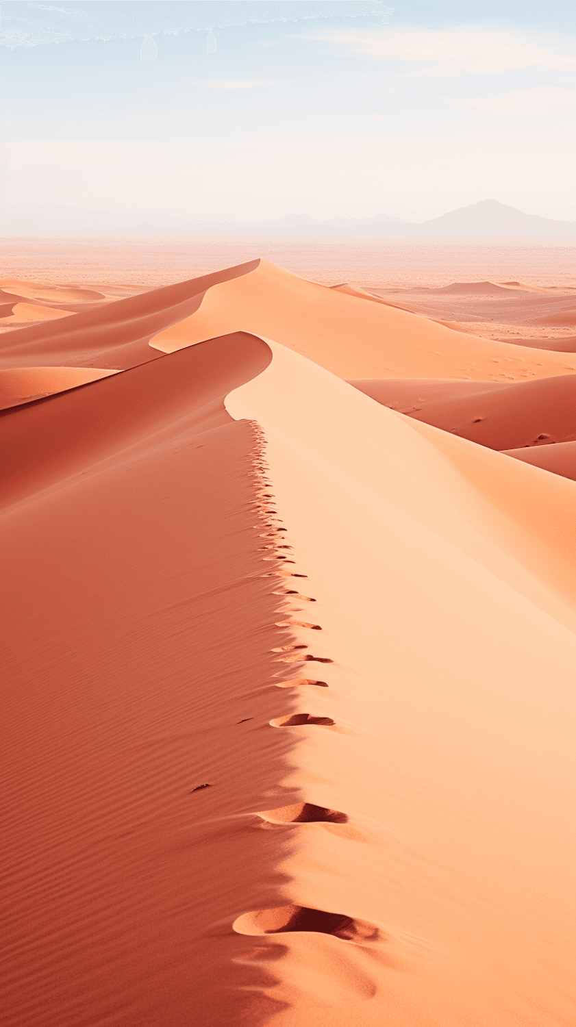 Sand dunes outside Dubai with a line of footprints along the ridge in late afternoon light.
